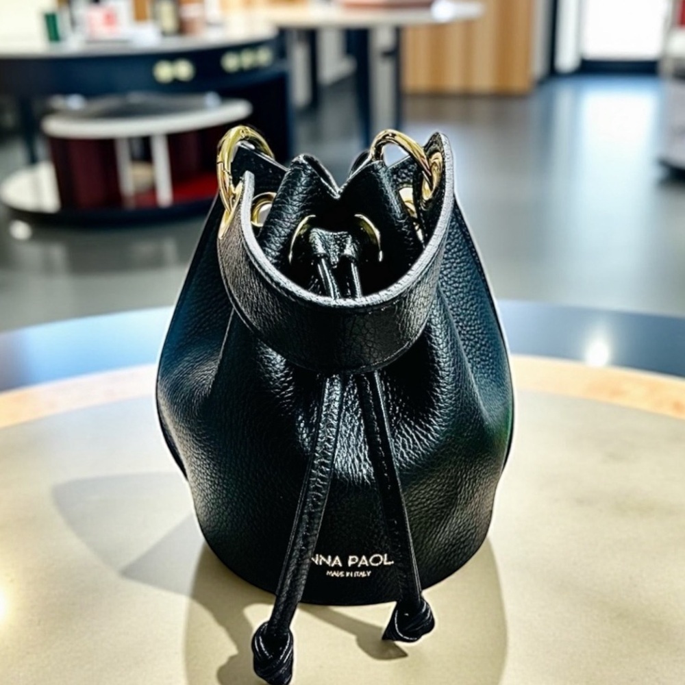 Anna Paola Black Pebbled Leather Small Drawstring Bucket Bag